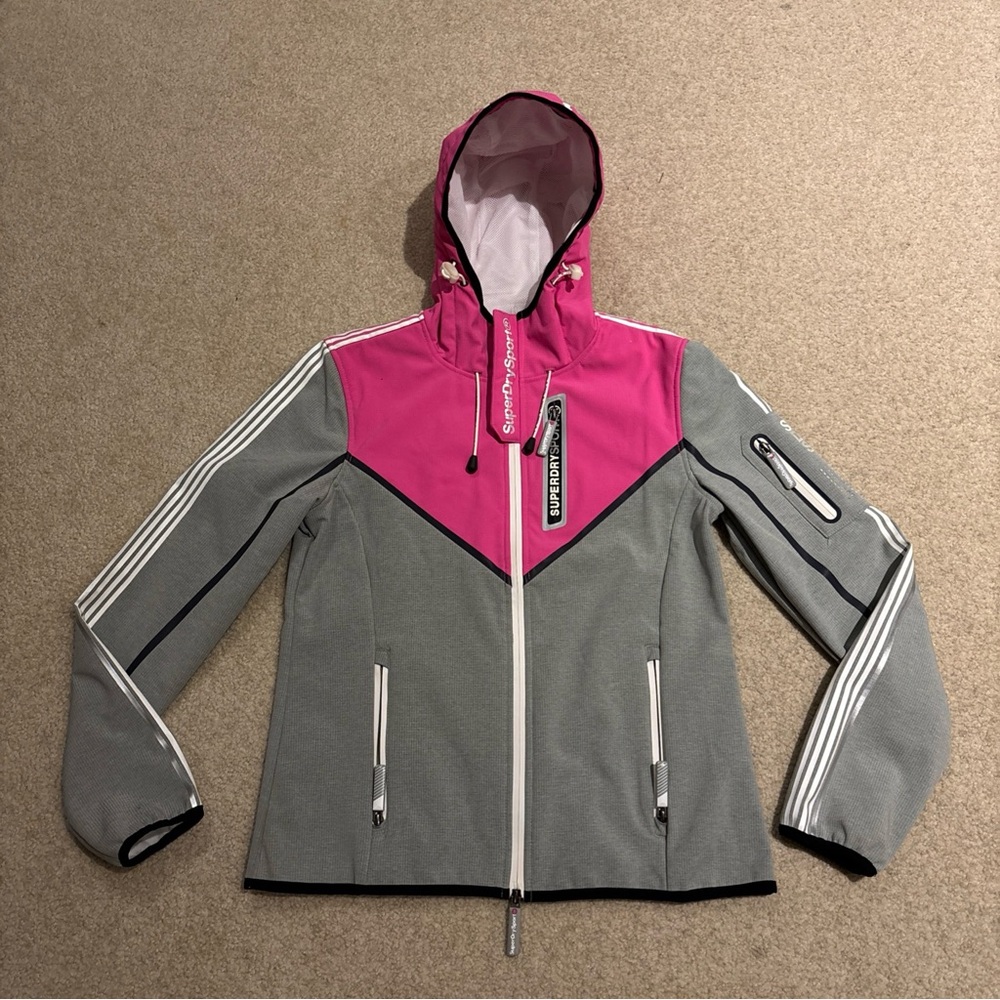 Superdry Sport Hooded Zipper Gray Pink Jacket Women US Size 8 GS3251ST